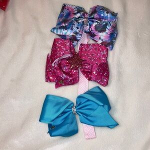 3 Jojo Siwa bows multiunicorn, pink stars, turquoise, Plus handmade bow holder